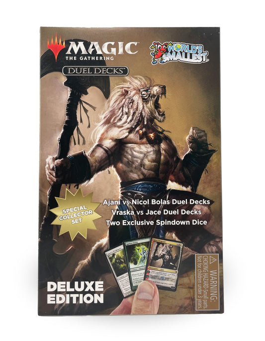 World's Smallest Magic Ajani vs Nicol Bolas duel deck close-up, great for on-the-go battles