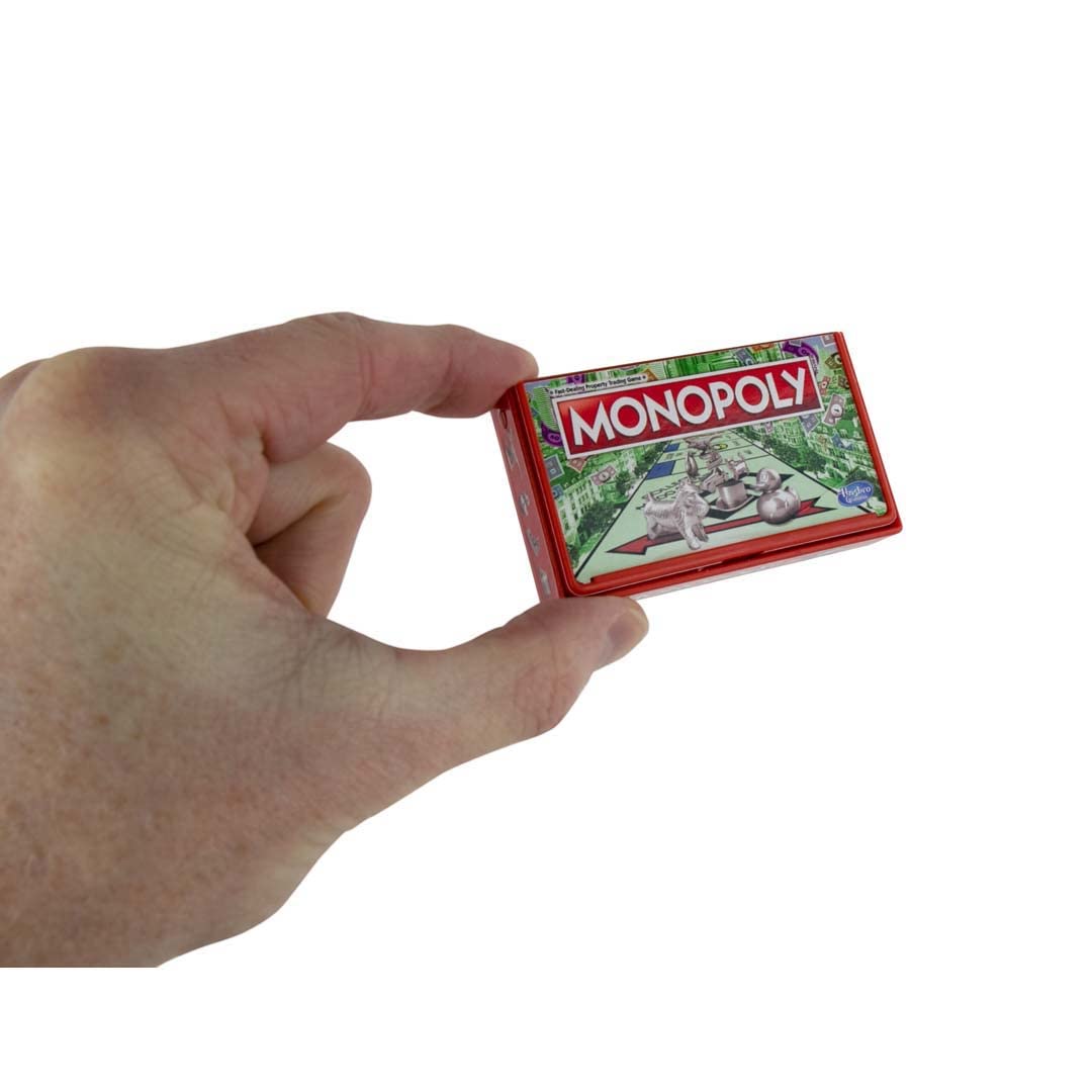 World's Smallest Monopoly mini board and pieces enable quick setup.