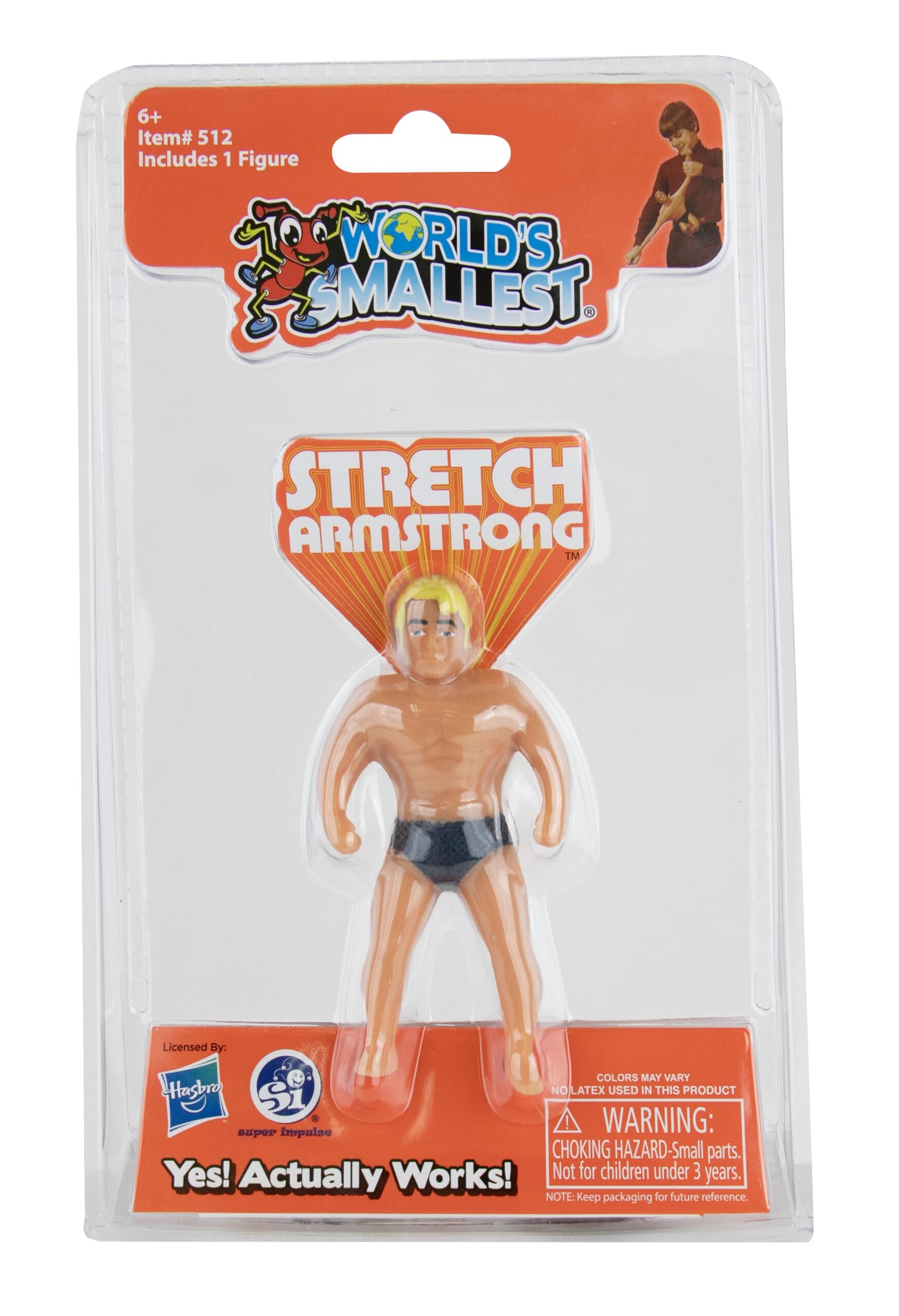 World's Smallest Stretch Armstrong front view, ready to pull and stretch.