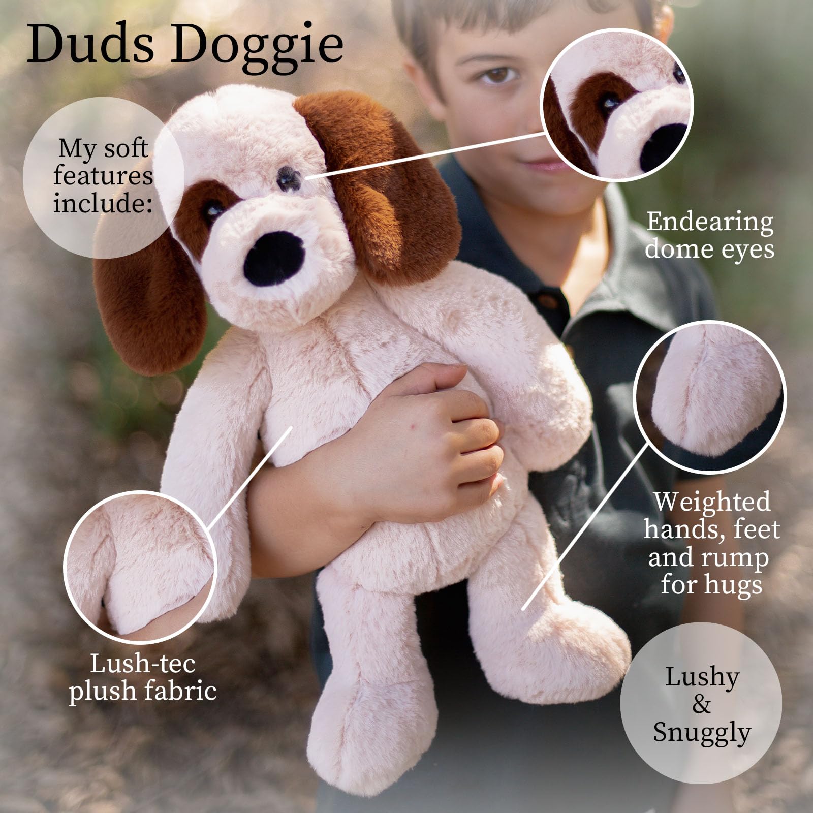 World's Softest Duds Doggie in a snuggle pose signals the ideal cuddle buddy for kids.
