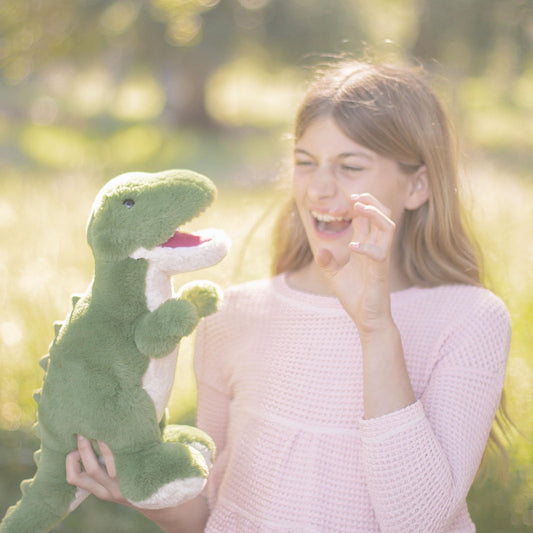 Lushee Tex Trex in a hugging pose highlights kid-friendly comfort.