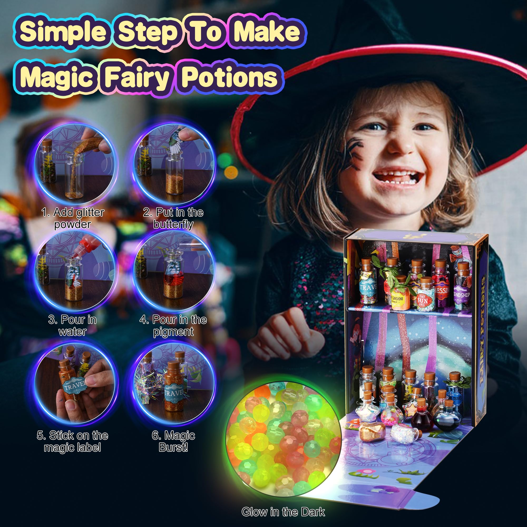 Wothfav glitter and crystals decorate potions for magical experiments.