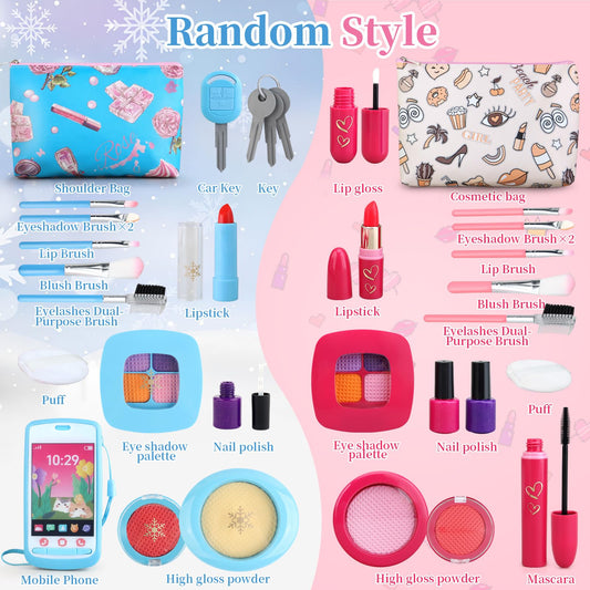 Woumserta pretend makeup kit blue bag shows portability for on-the-go pretend fashion