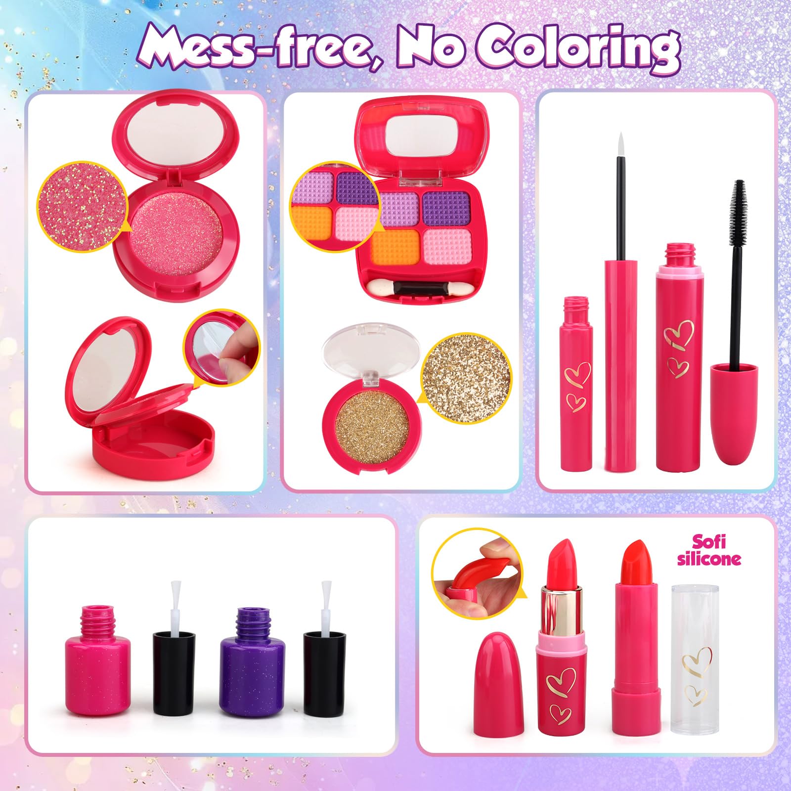 Woumserta safe materials highlight mess-free pretend makeup moments.