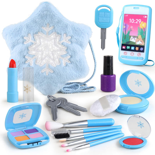 Woumserta blue toddler makeup purse for safe pretend play and easy cleanup.