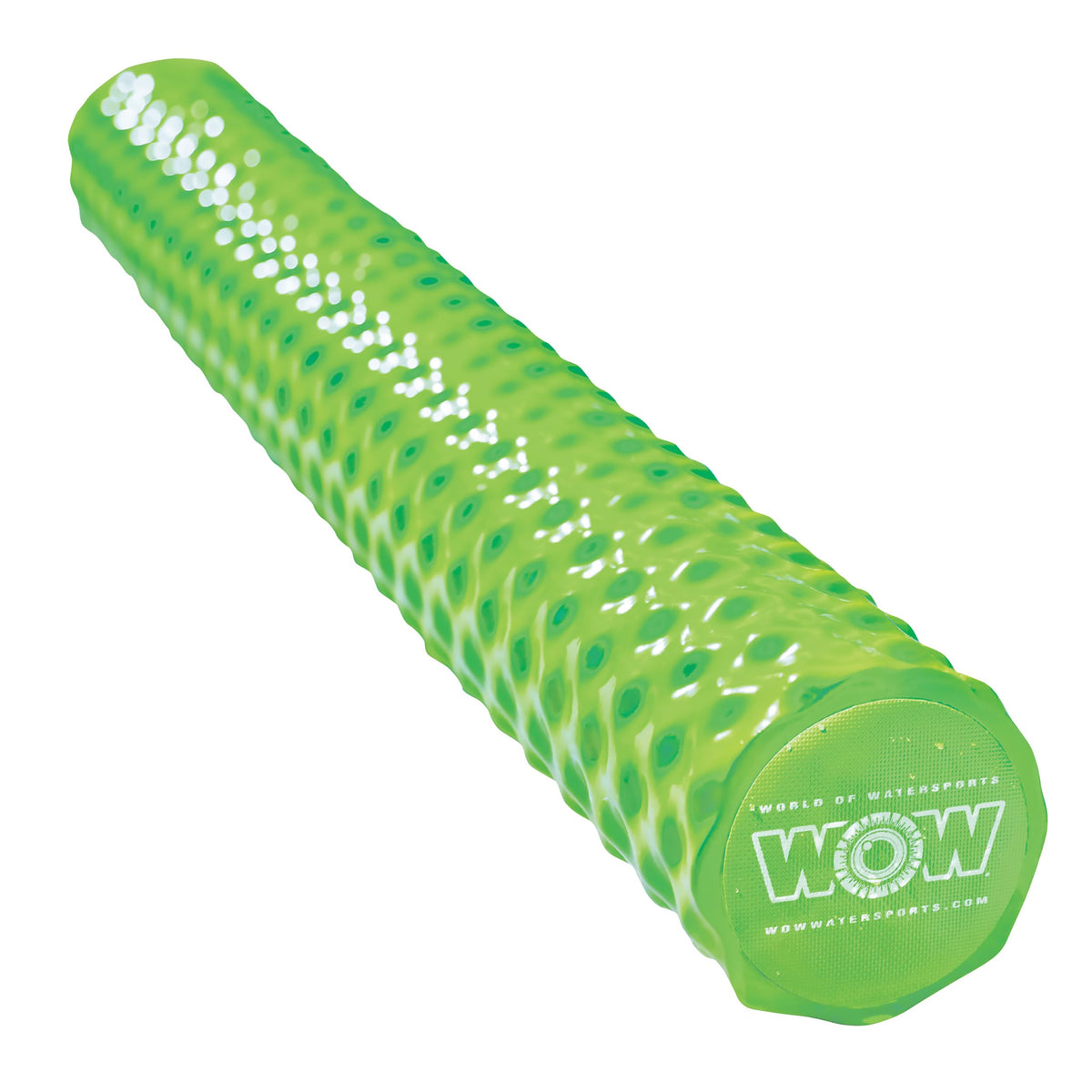 WOW Sports lime green foam pool noodle in use at a sunny pool party for buoyant support