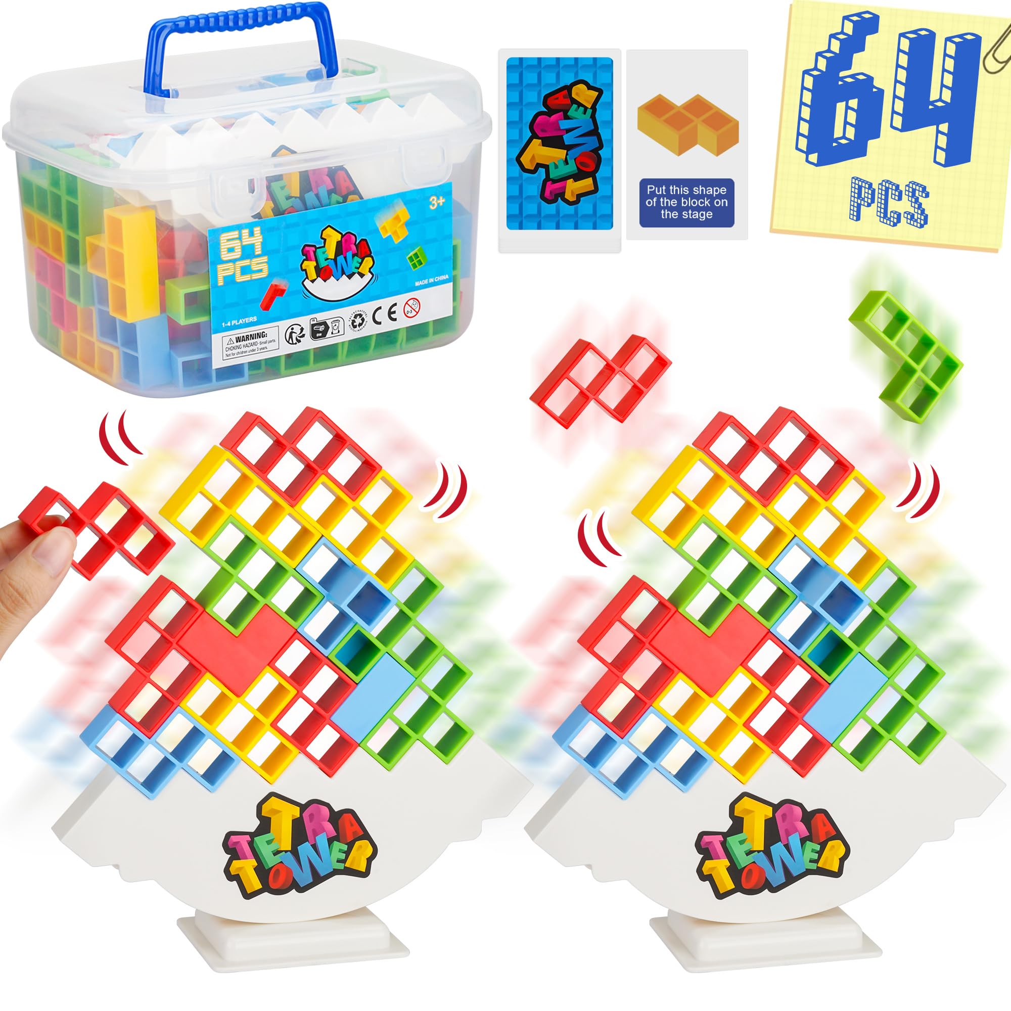 WOWNOVA Tetra Tower 64pcs stacked blocks promote family play and coordination.