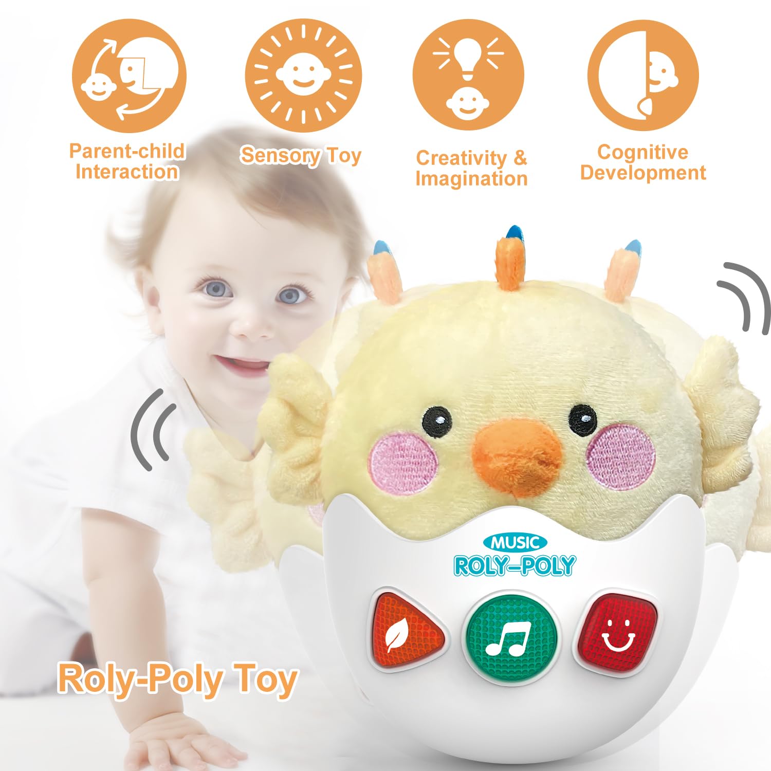 WOWOHAGE Dinosaur plush stimulates tactile exploration with gentle tunes.