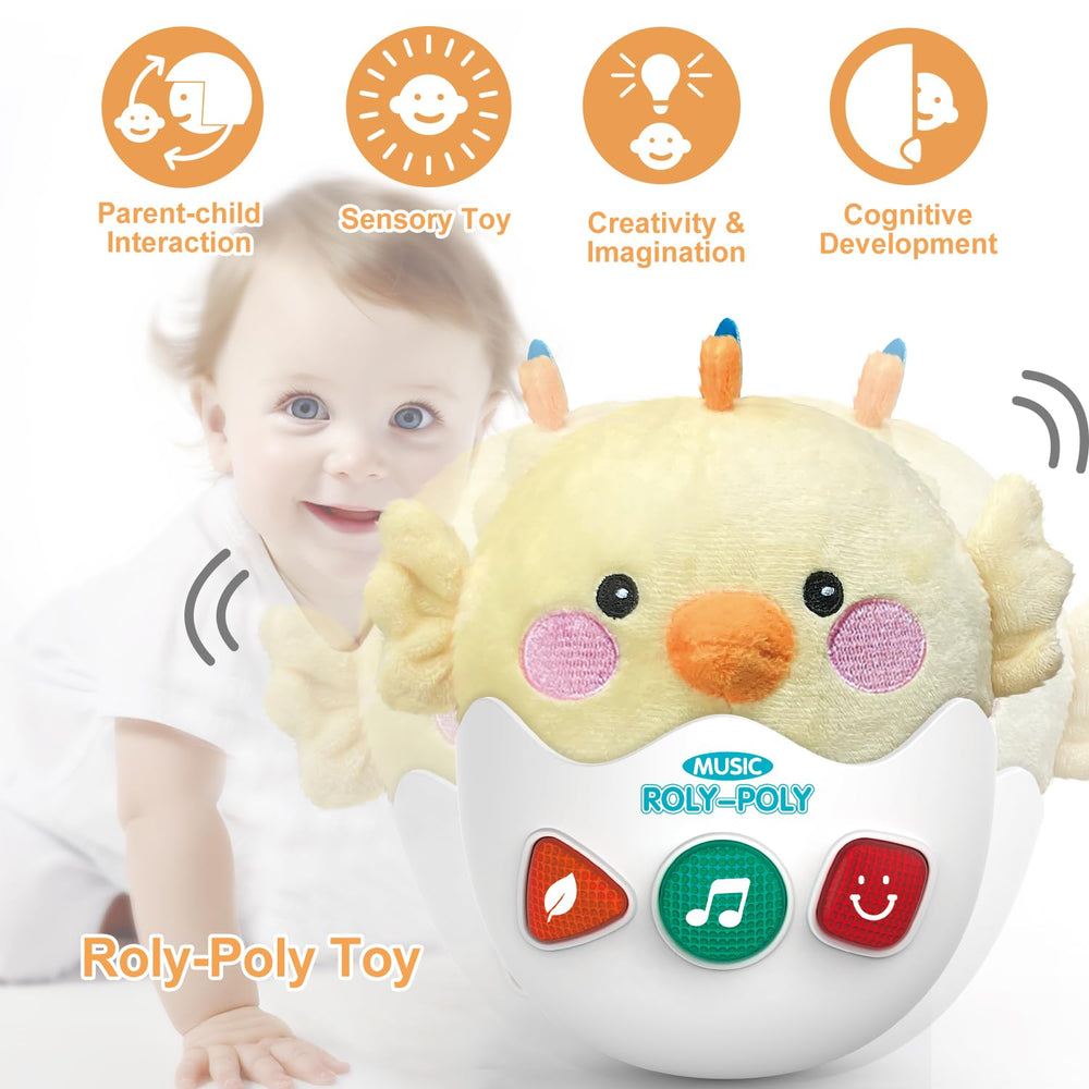WOWOHAGE Dinosaur plush stimulates tactile exploration with gentle tunes.