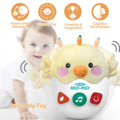 WOWOHAGE Dinosaur plush stimulates tactile exploration with gentle tunes.