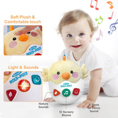 WOWOHAGE Penguin plush encourages reaching and grasping during playtime.