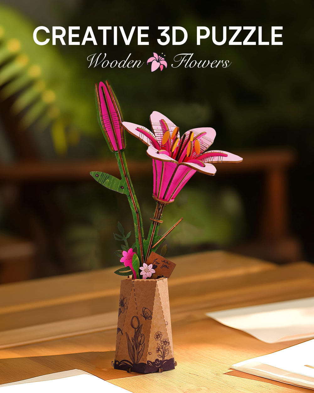 Wowood 3D wooden flower pink lily highlighting a decorative DIY project for adults