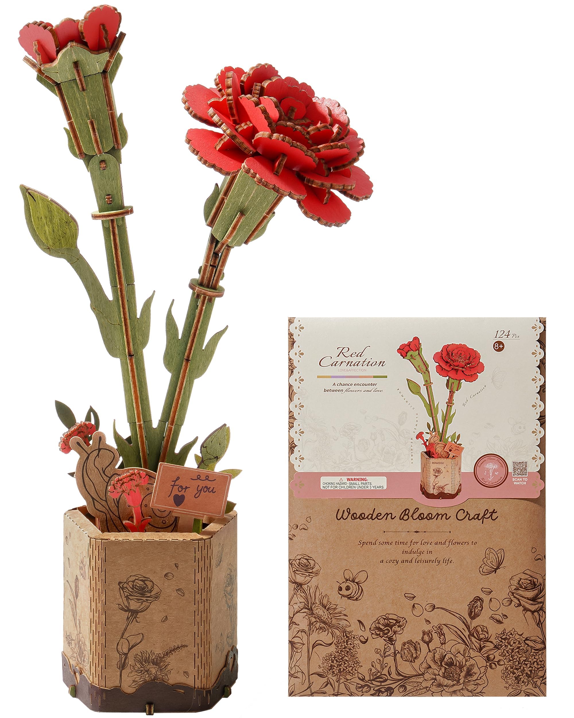 Wowood 3D puzzle: red carnation for adults, mindful crafting and decoration
