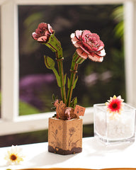 Wowood pink carnation completed model ready for display on your desk or shelf.