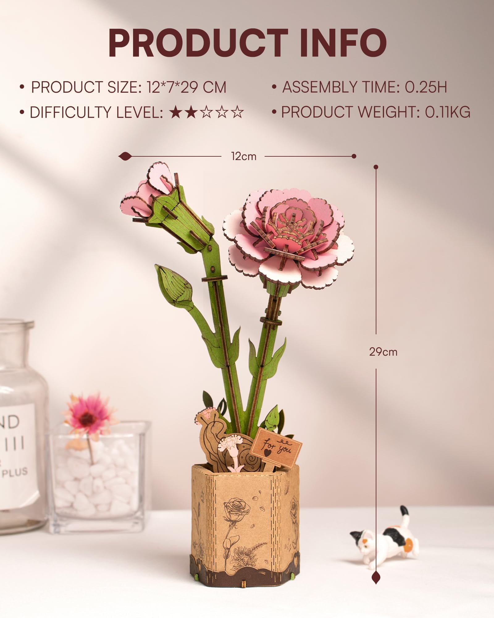 Wowood pink carnation puzzle assembly showing the building process.