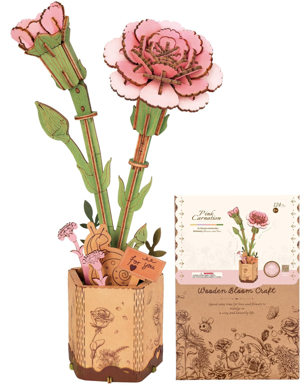 Wowood pink carnation puzzle packaging, ideal for gifting and easy setup.
