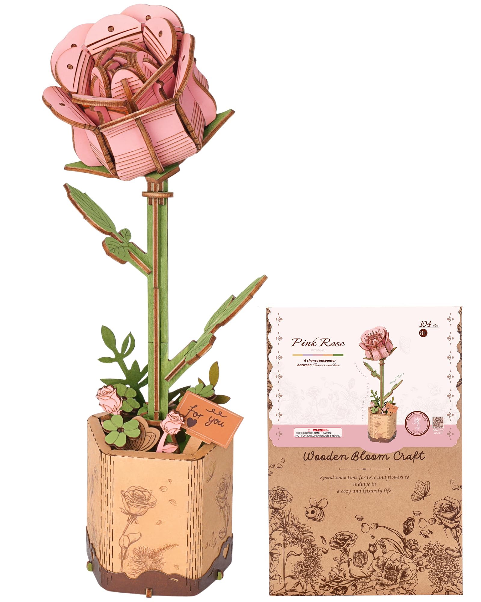 Wowood pink rose 3D flower puzzle decorative piece for any room