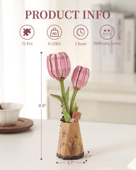 Wowood pink tulip puzzle complete display highlights decorative wooden bloom
