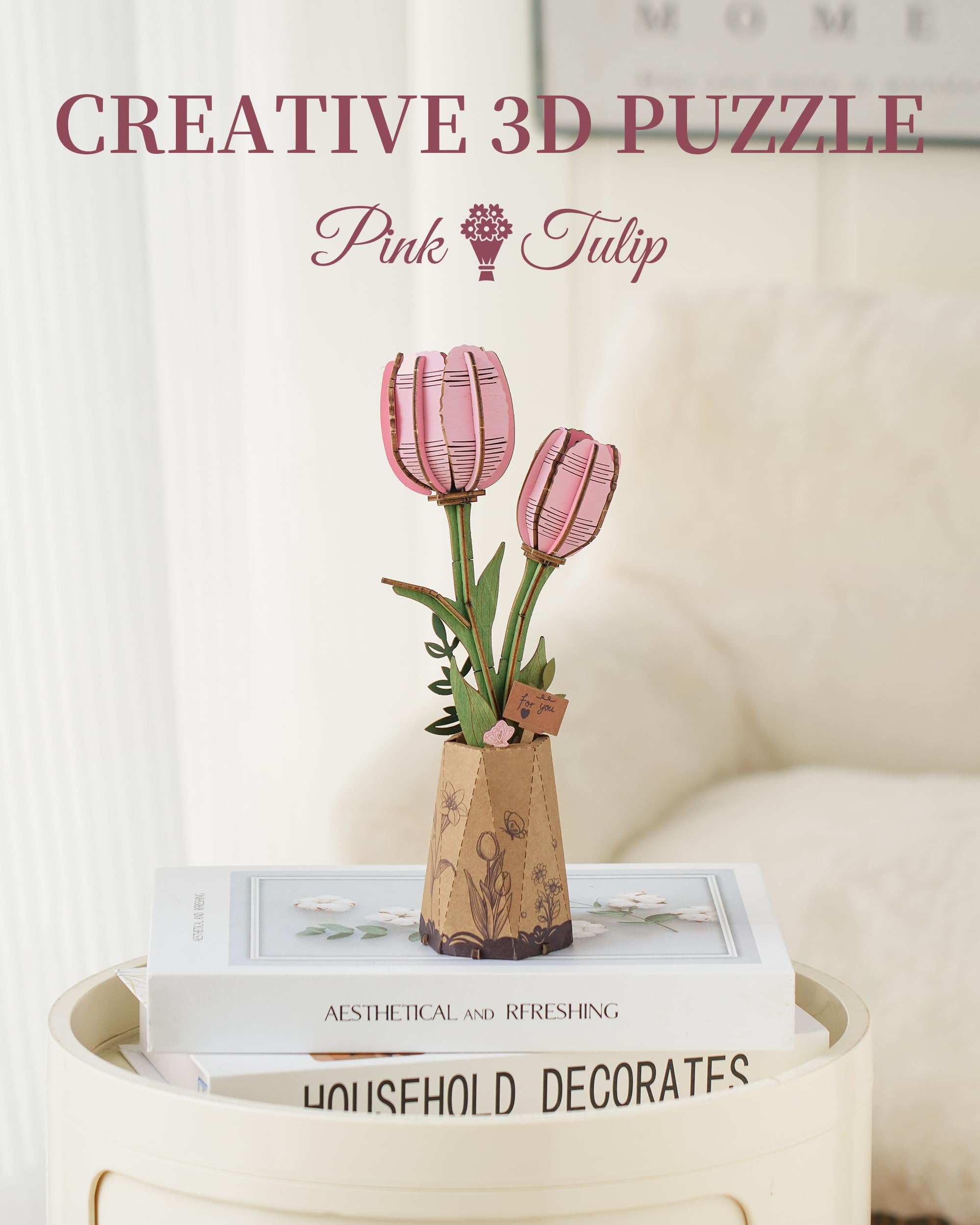 Wowood pink tulip wooden flower kit ready for assembly and mindful crafting