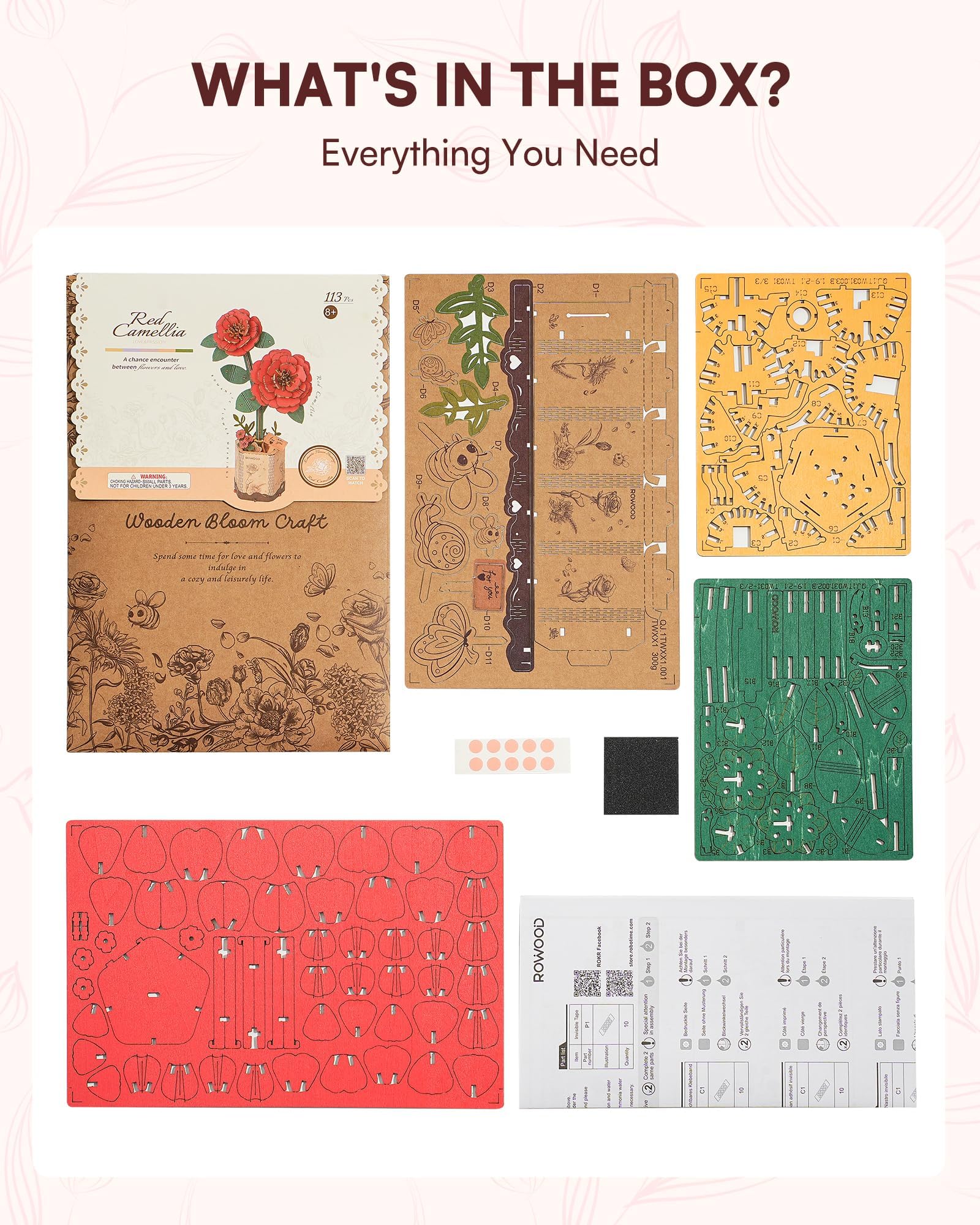 Wowood premium wood materials ensure smooth edges and lasting display of Camellia.