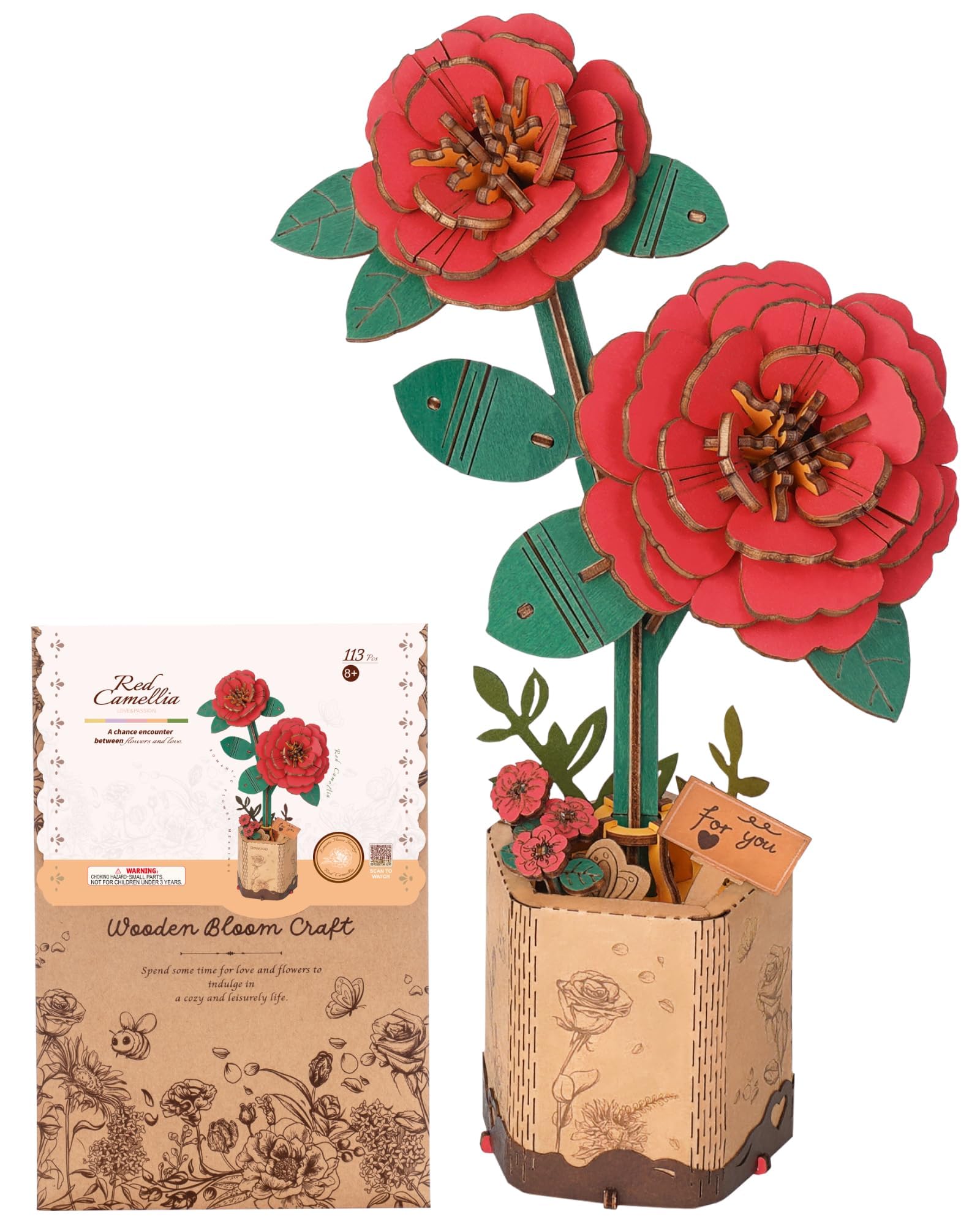 Wowood Red Camellia 3D puzzle for adults with detailed wooden petals.