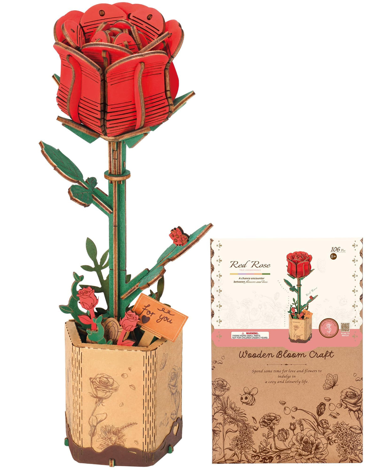 Wowood red rose 3D puzzle for adults, a decorative and engaging building project