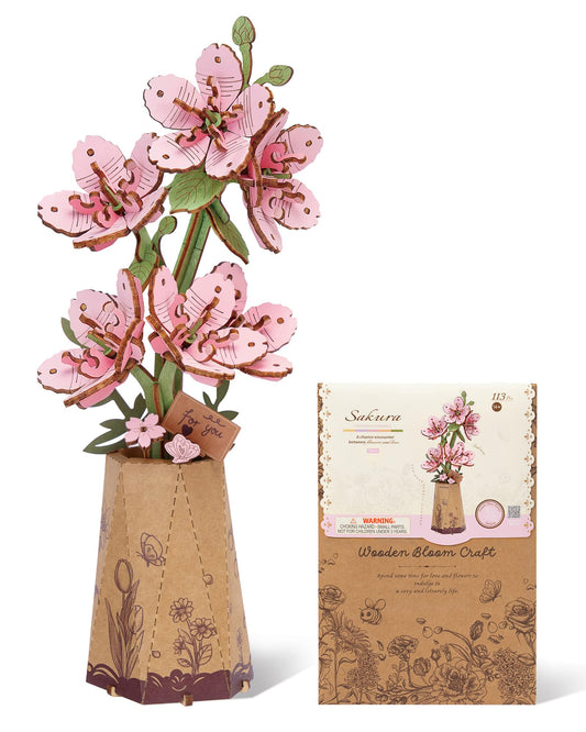 Wowood Sakura 3D puzzle assembly shows intricate wooden petals for mindful recreation.