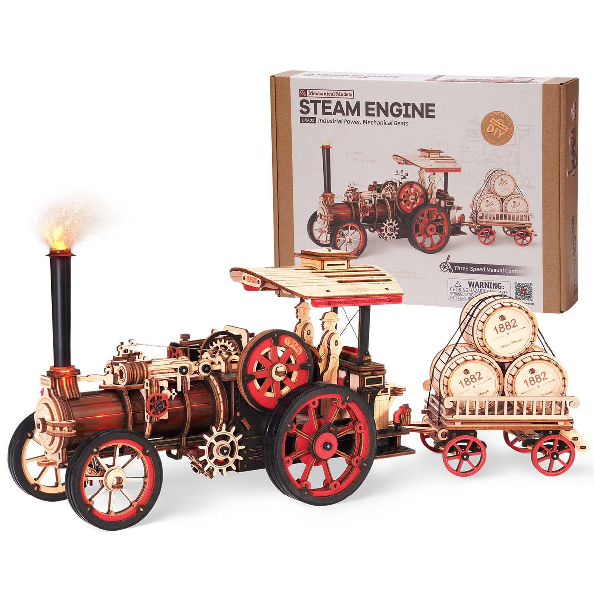Wowood steam locomotive front view showing bold red and black finish for desk display