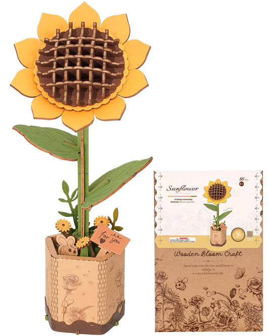 Wowood sunflower 3D puzzle assembly showcases intricate wooden petals for mindful crafting