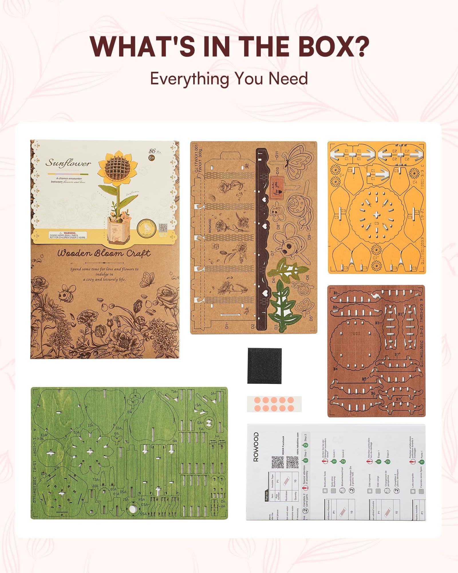 Wowood puzzle pieces and tools showcased for complete sunflower assembly experience
