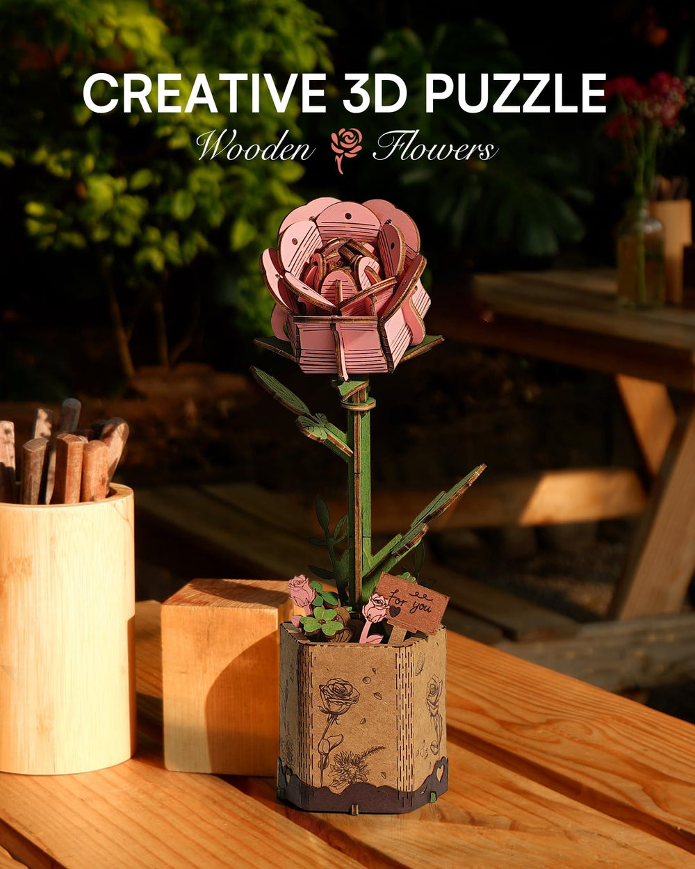 Wowood wooden flower assembly pink rose kit in progress for creative relaxation