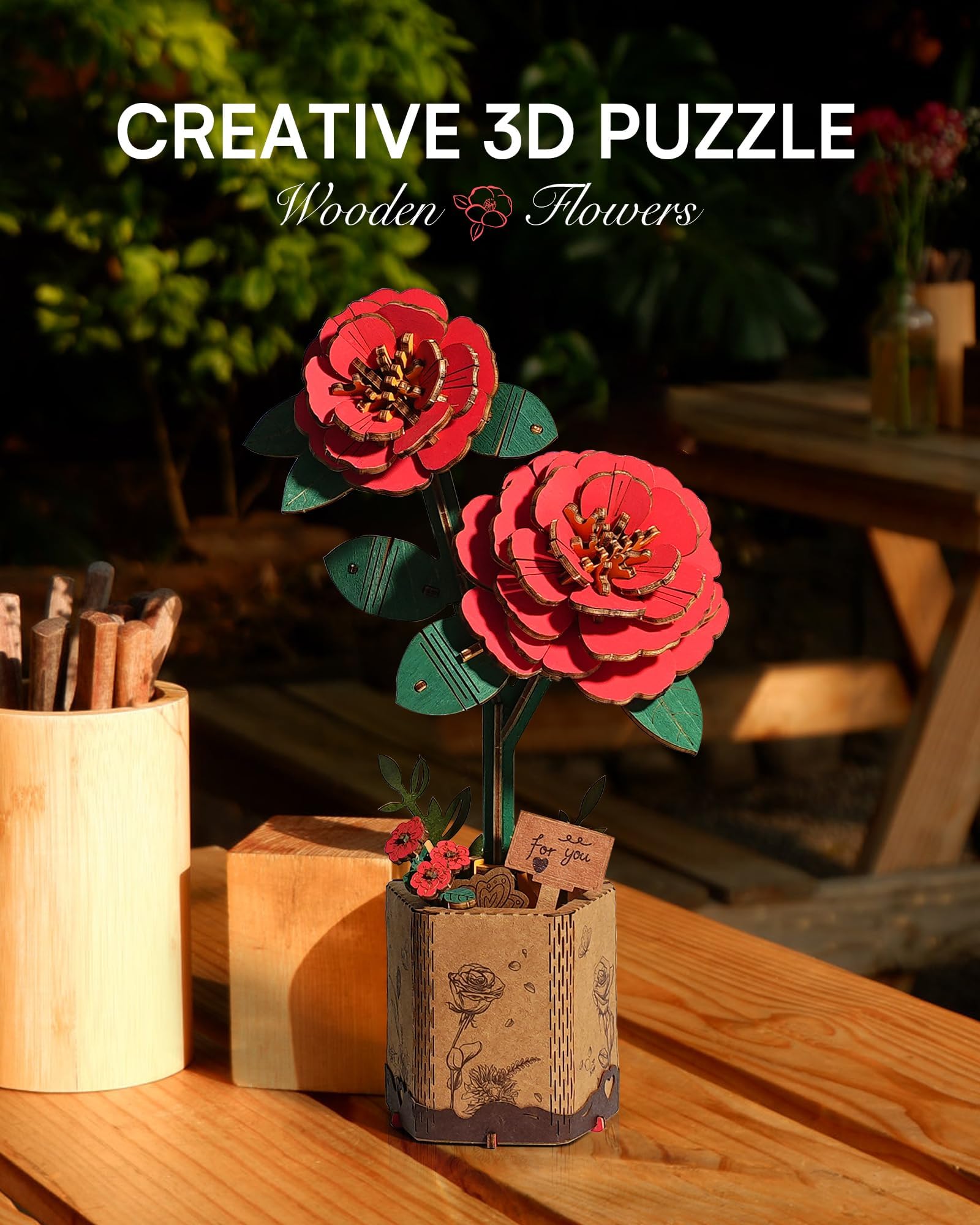 Wowood wooden flower Camellia kit emphasizes tactile building for relaxation.