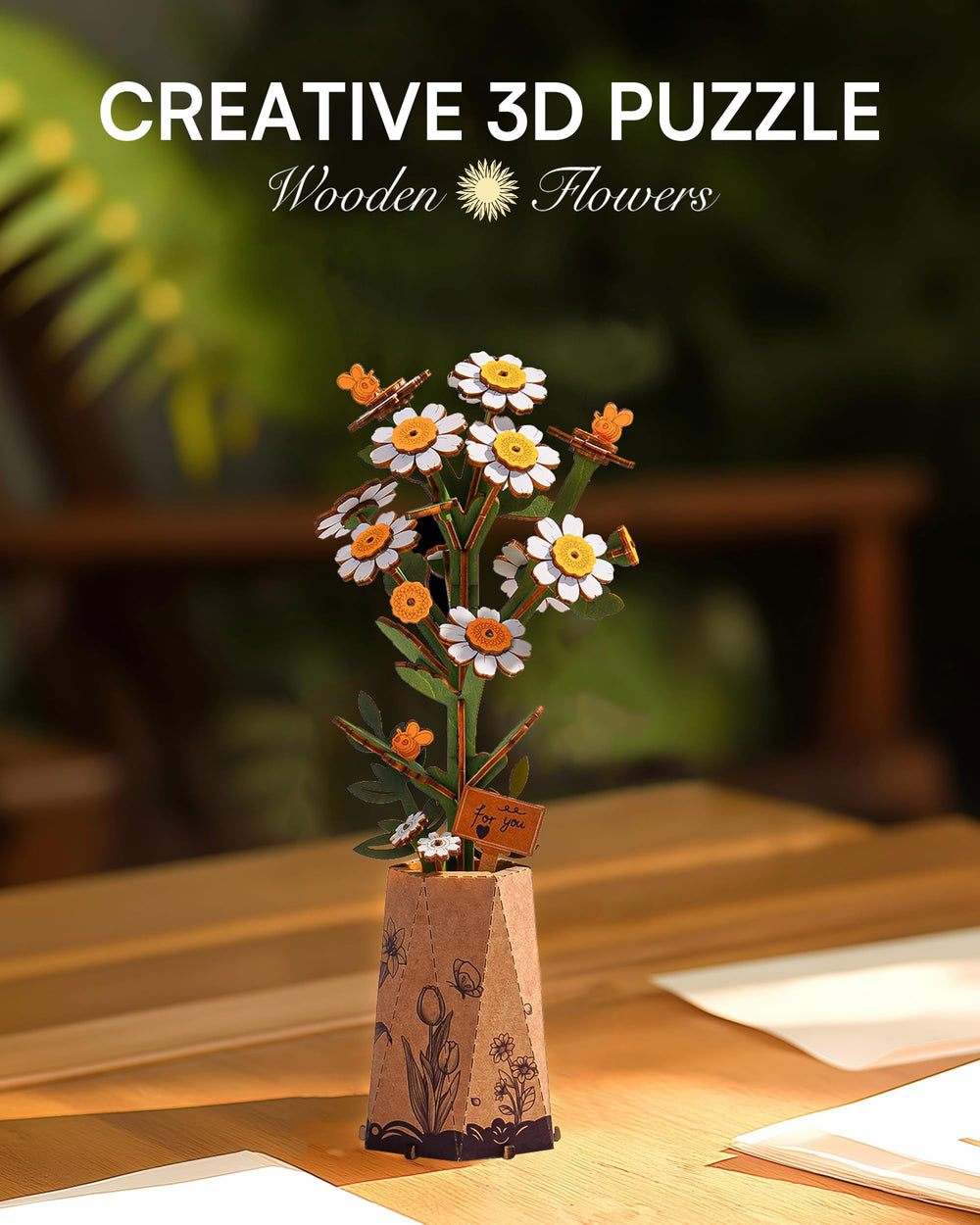 Wowood wooden flower chamomile assembly, premium craft for creativity and conversation pieces.