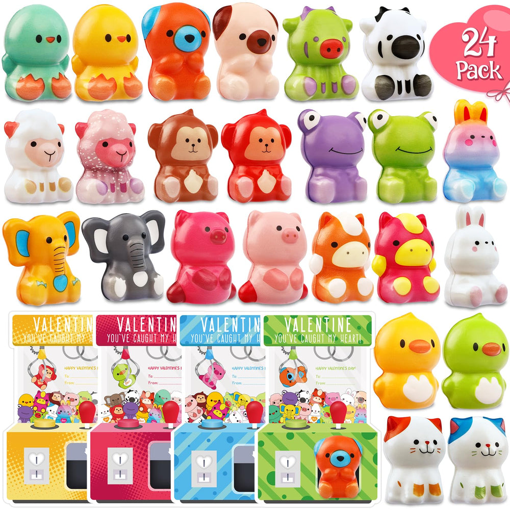 WOWSCAN Valentines 24-pack animal squishy toys for kids classroom fun and relaxation