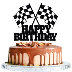 WRACKKIAR Race Car Topper with checkered flag glitter for festive birthdays.