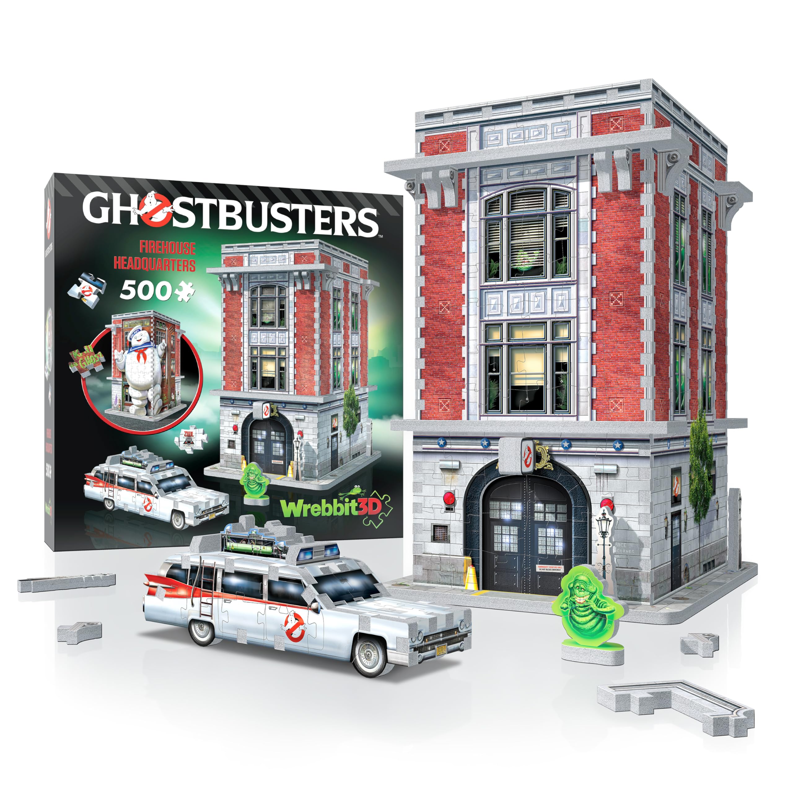 Wrebbit 3D Ghostbusters Firehouse front view with Ecto-1 for display