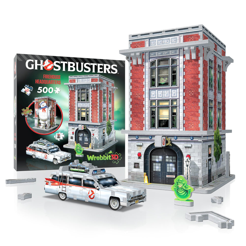Wrebbit 3D Ghostbusters Firehouse front view with Ecto-1 for display