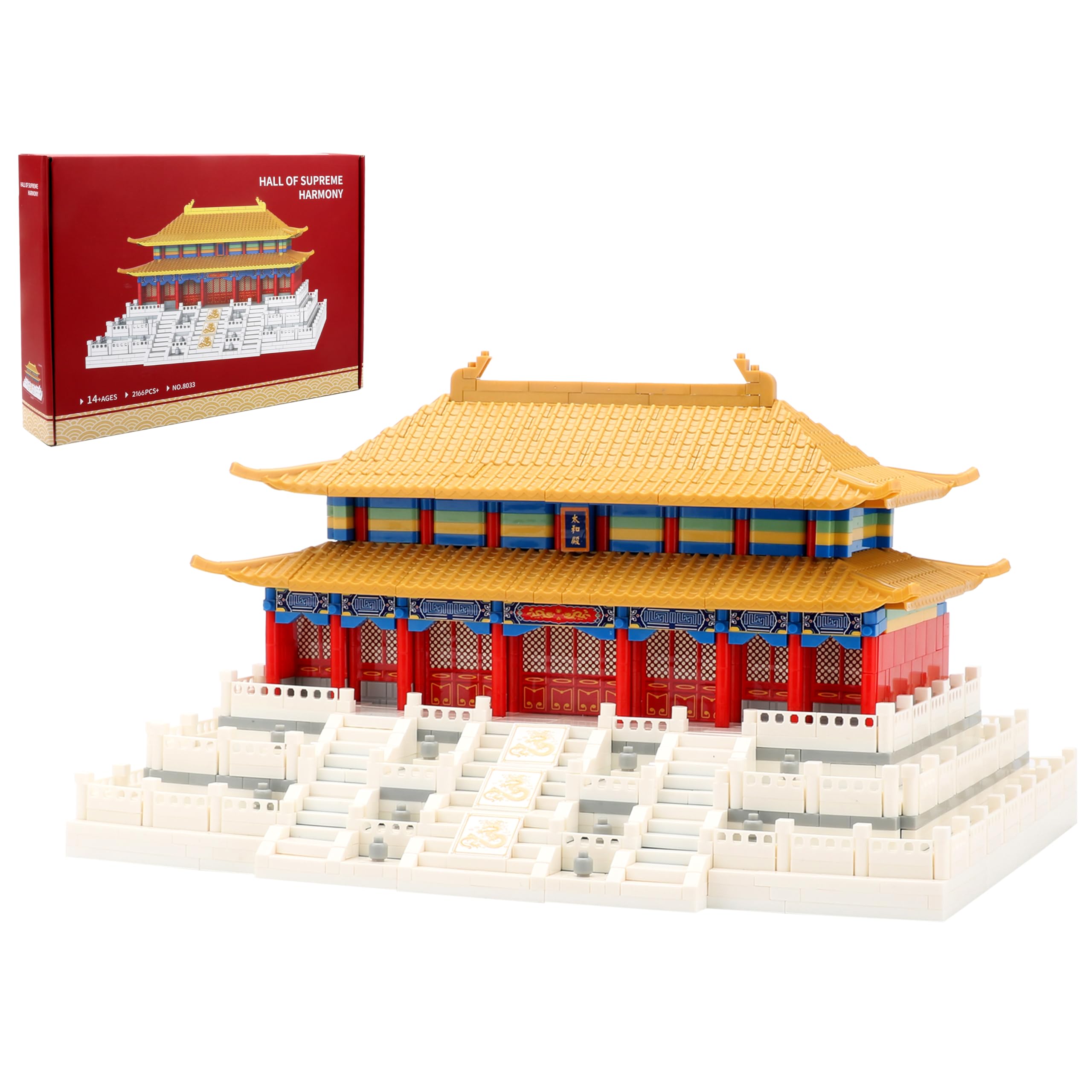 Wriyvngs Hall of Supreme Harmony 2166-piece micro bricks set for display with intricate architectural detail.