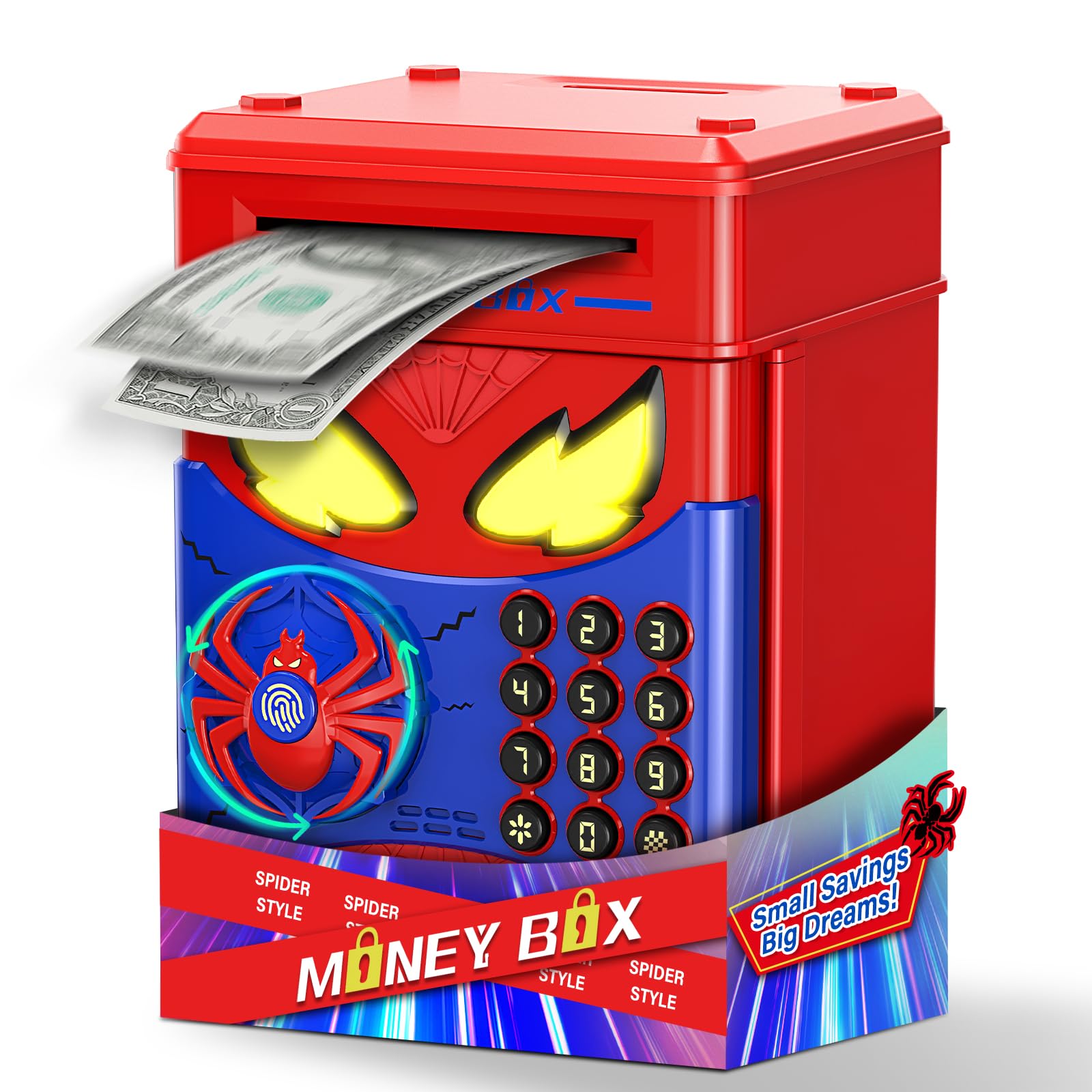 Wrystte Spider Piggy Bank with door open for secure savings.