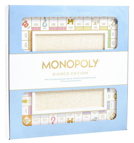 WS Game Company Monopoly Bianco board closeup with white wood frame for elegant game nights.