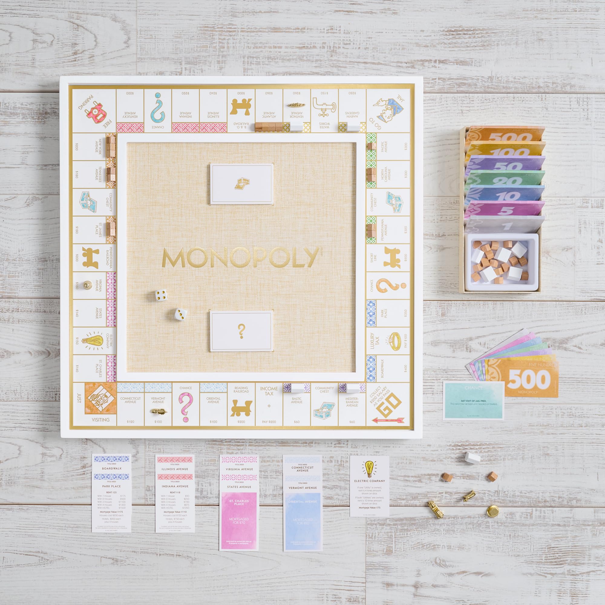 Monopoly Bianco gold-toned tokens shine, elevating premium play.