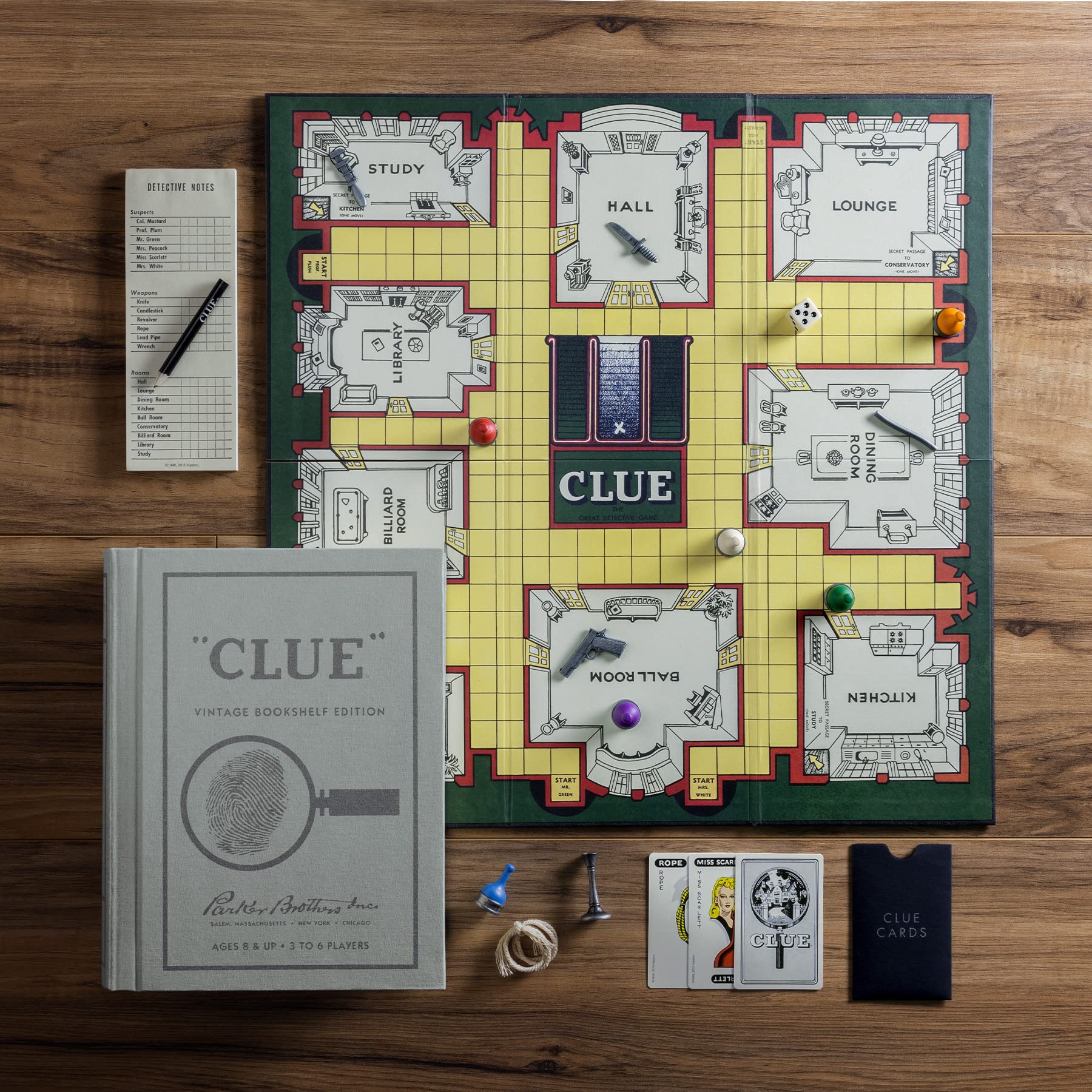 WS Game Company Clue wood movers with die-cast bases for authentic tabletop setup.