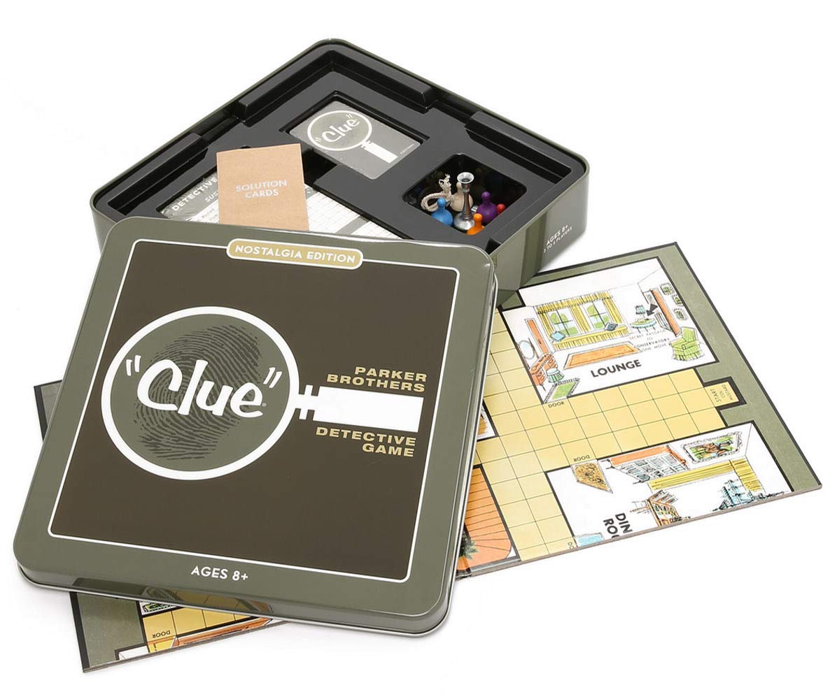 WS Game Company Clue Nostalgia tin with retro artwork for storage.