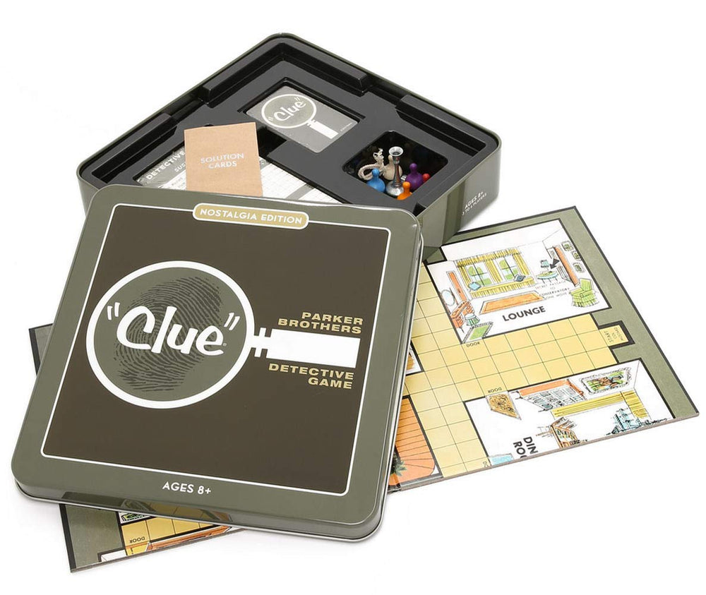 WS Game Company Clue Nostalgia tin with retro artwork for storage.