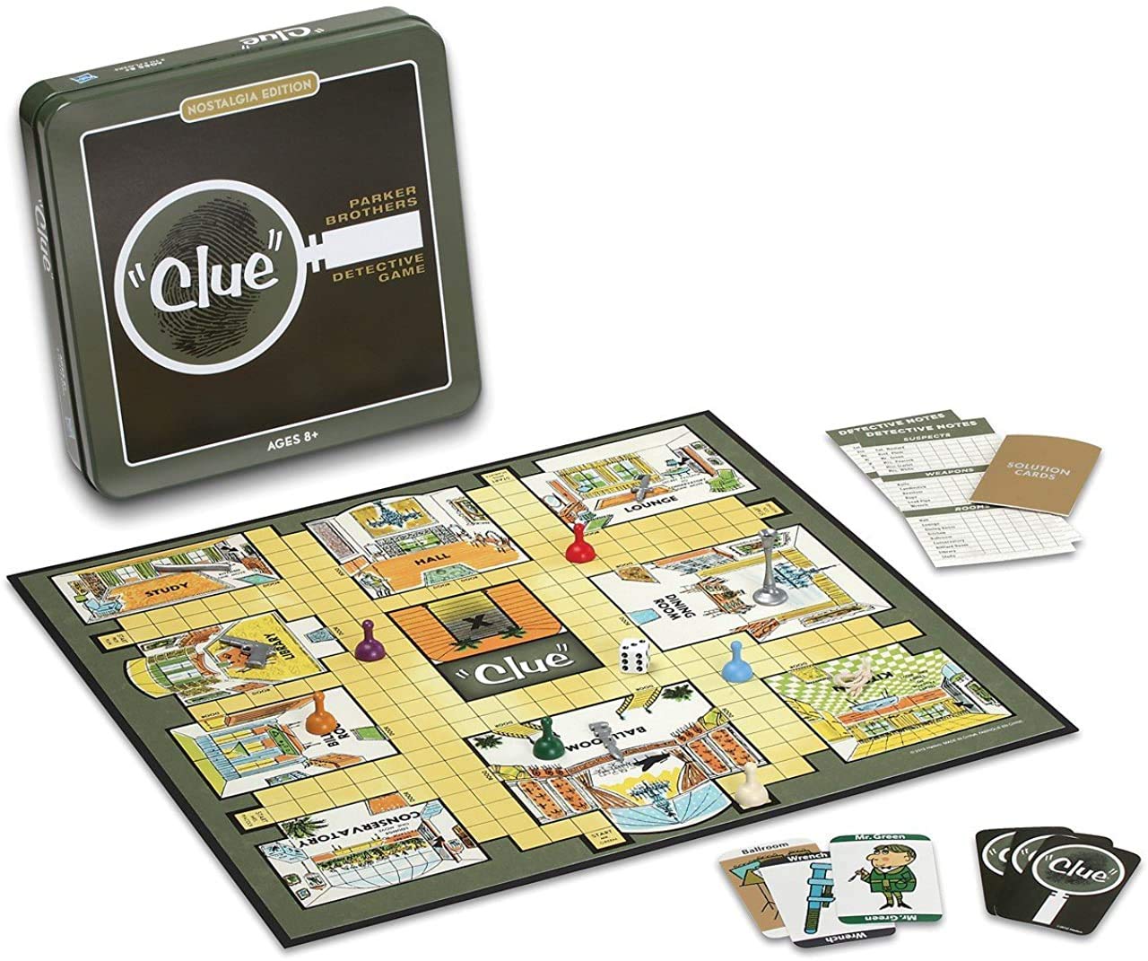 WS Game Company Clue Nostalgia diecast weapon set including wrench and candlestick.