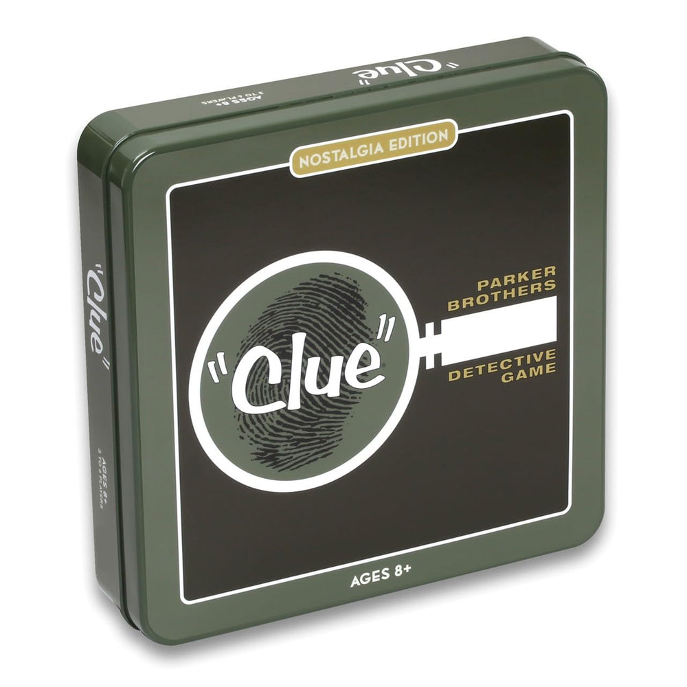 WS Game Company Clue Nostalgia Edition in collectible tin, nostalgic setup for family game night.