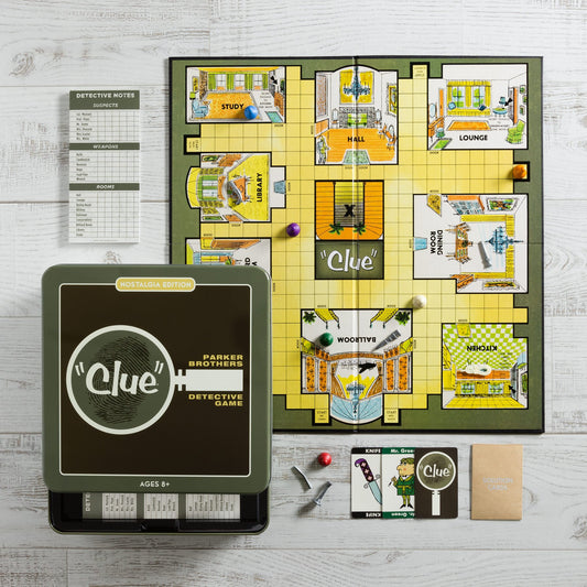WS Game Company Clue Nostalgia Edition board game setup with vintage 1963 board.