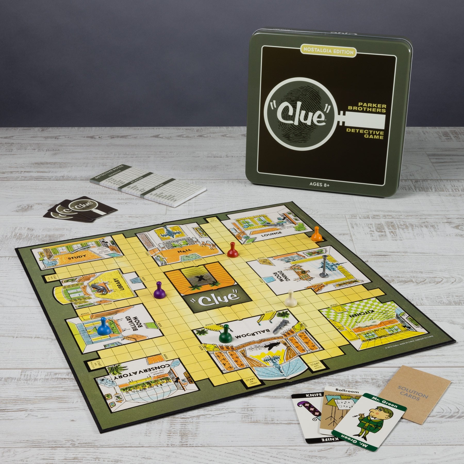 WS Game Company Clue Nostalgia six wooden character tokens ready for play.