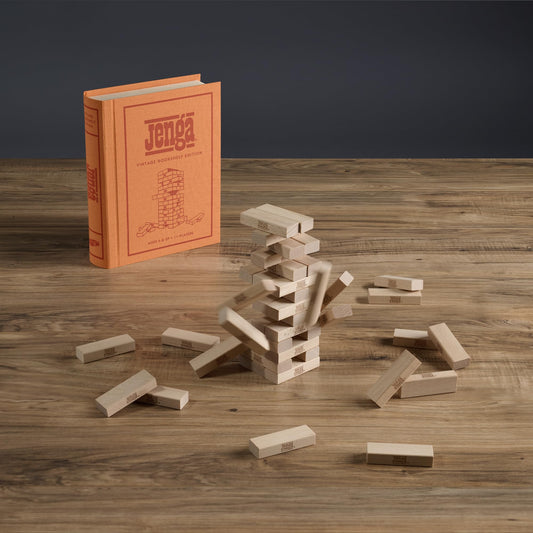 WS Game Company Jenga linen-wrapped book box highlights premium finish and decorative appeal