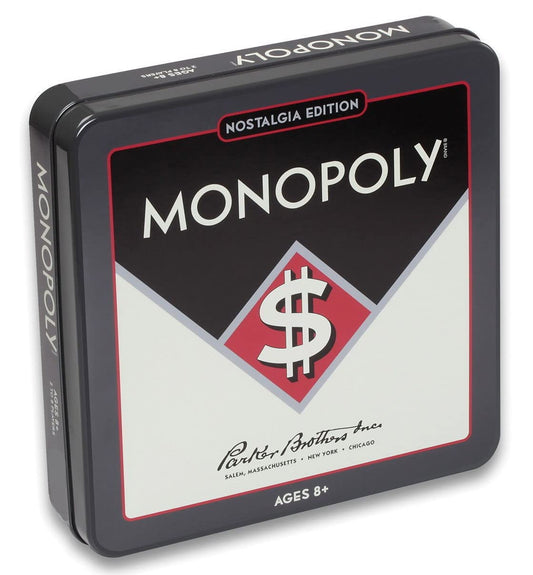WS Game Company Monopoly Nostalgia Tin with a full-sized gameboard for authentic play.